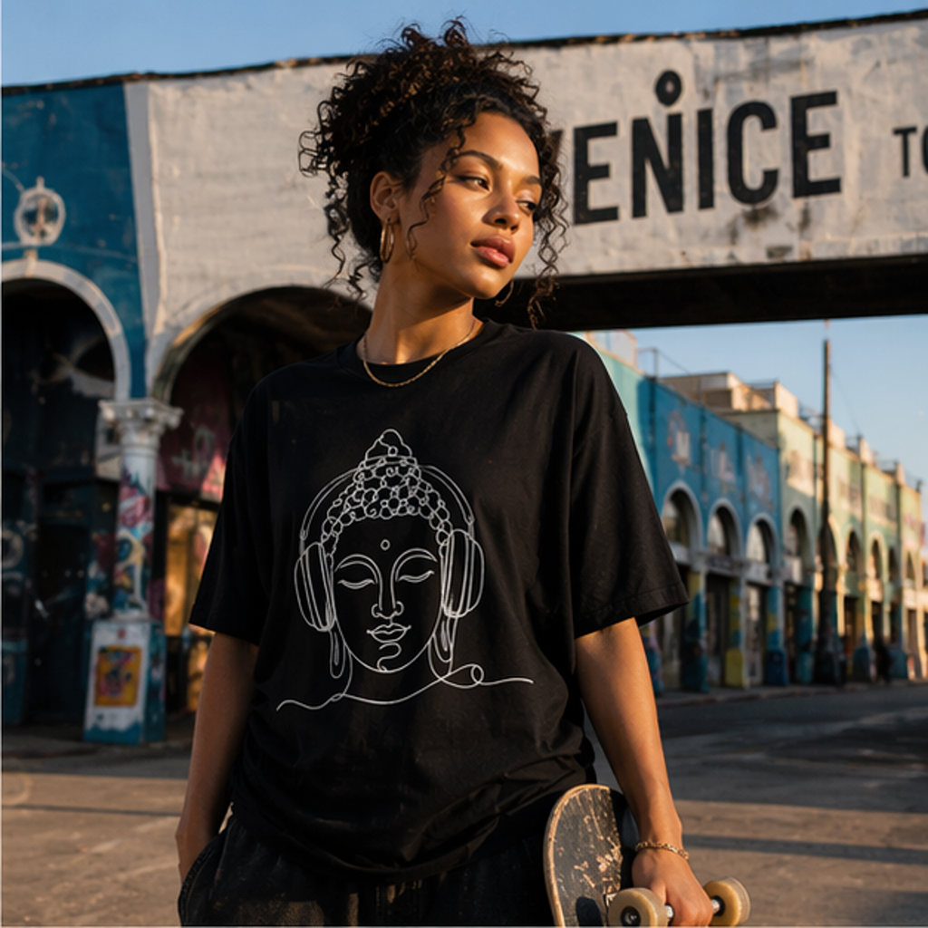 Buddha with Headphones T-Shirt — Unisex Meditation Music Tee
