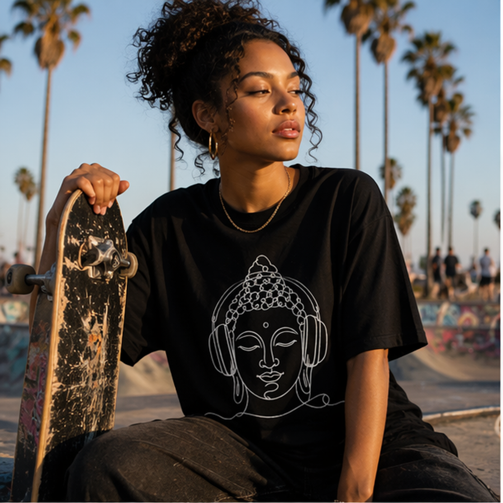 Buddha with Headphones T-Shirt — Unisex Meditation Music Tee