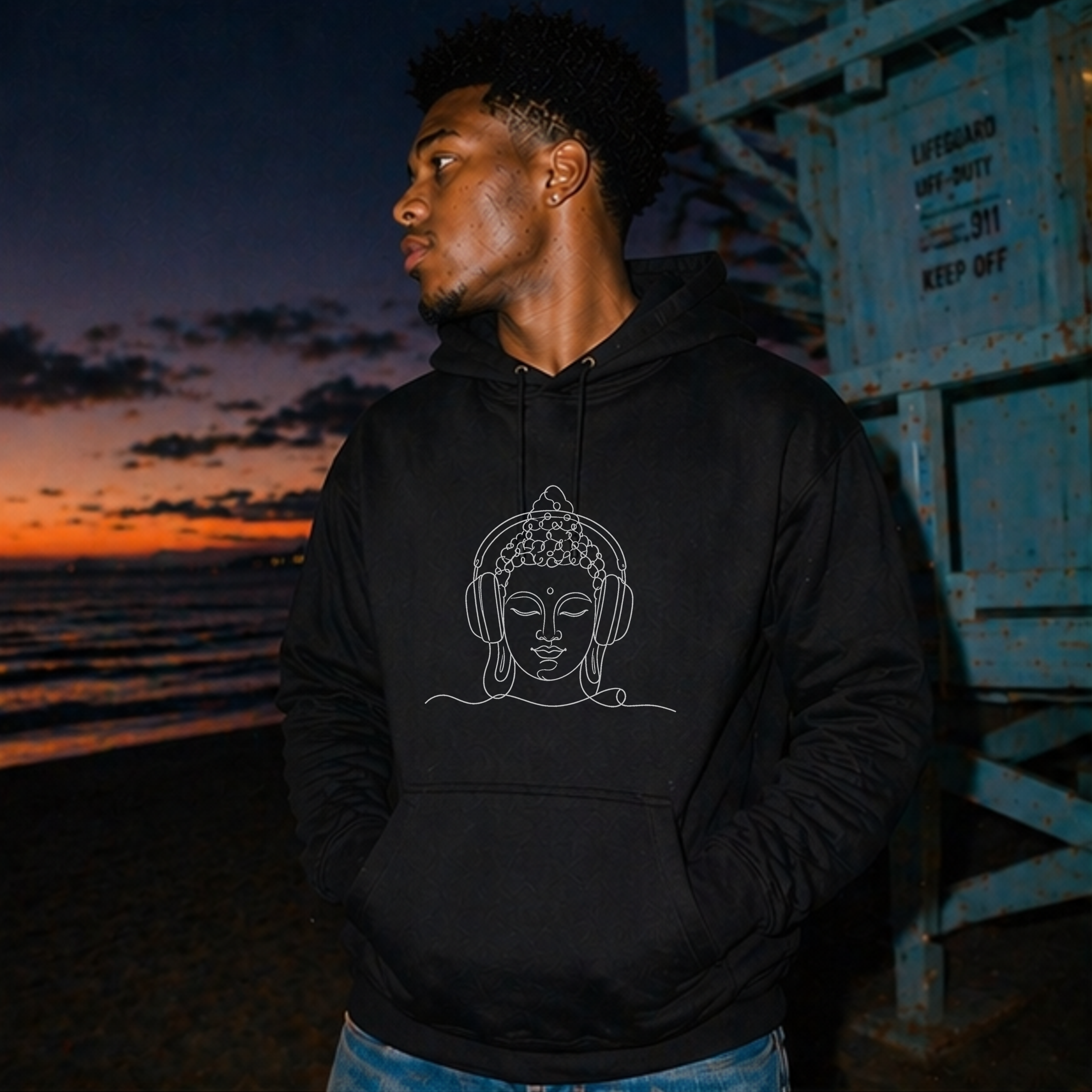 Buddha with Headphones Classic Black Hoodie — Minimal Everyday Pullover