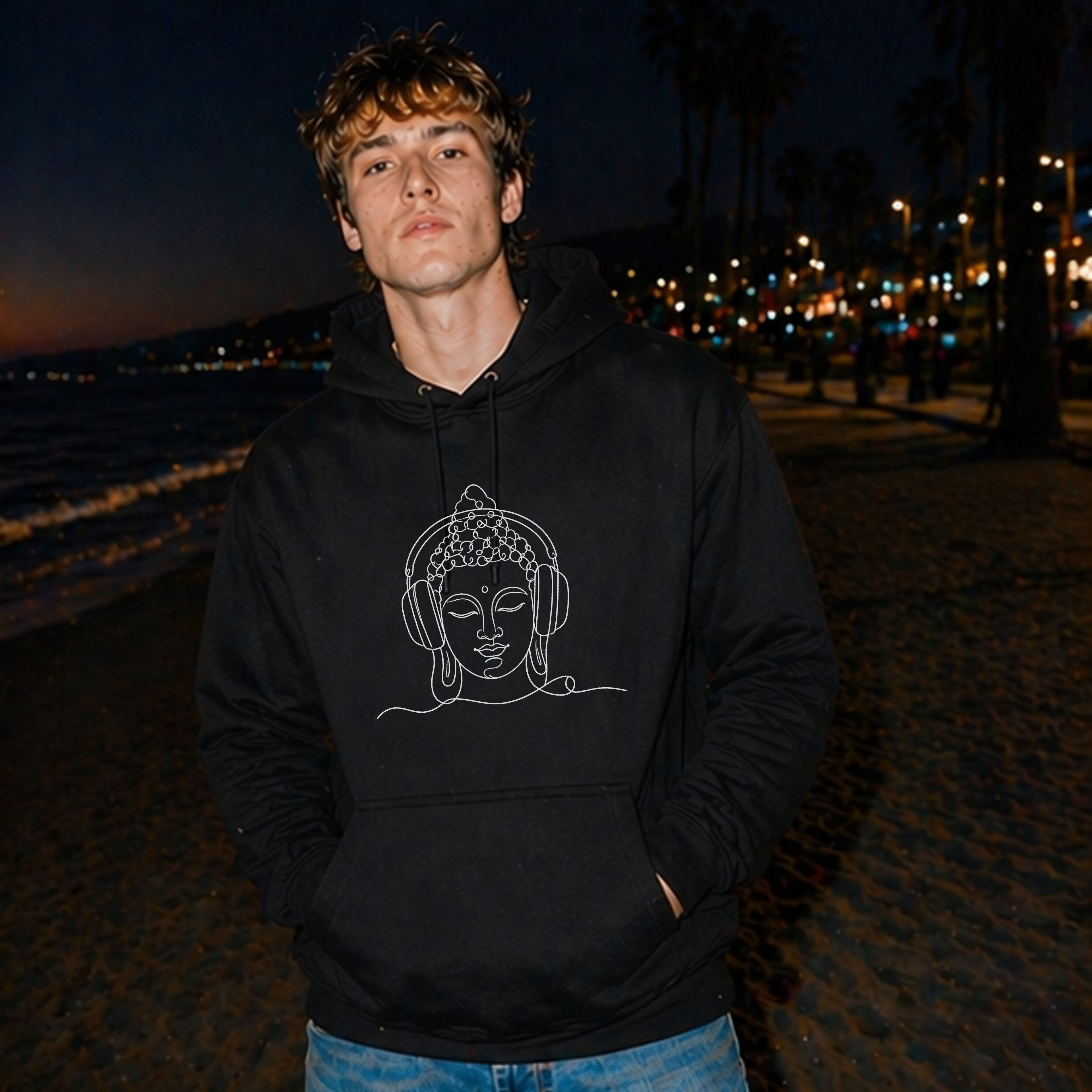 Buddha with Headphones Classic Black Hoodie — Minimal Everyday Pullover