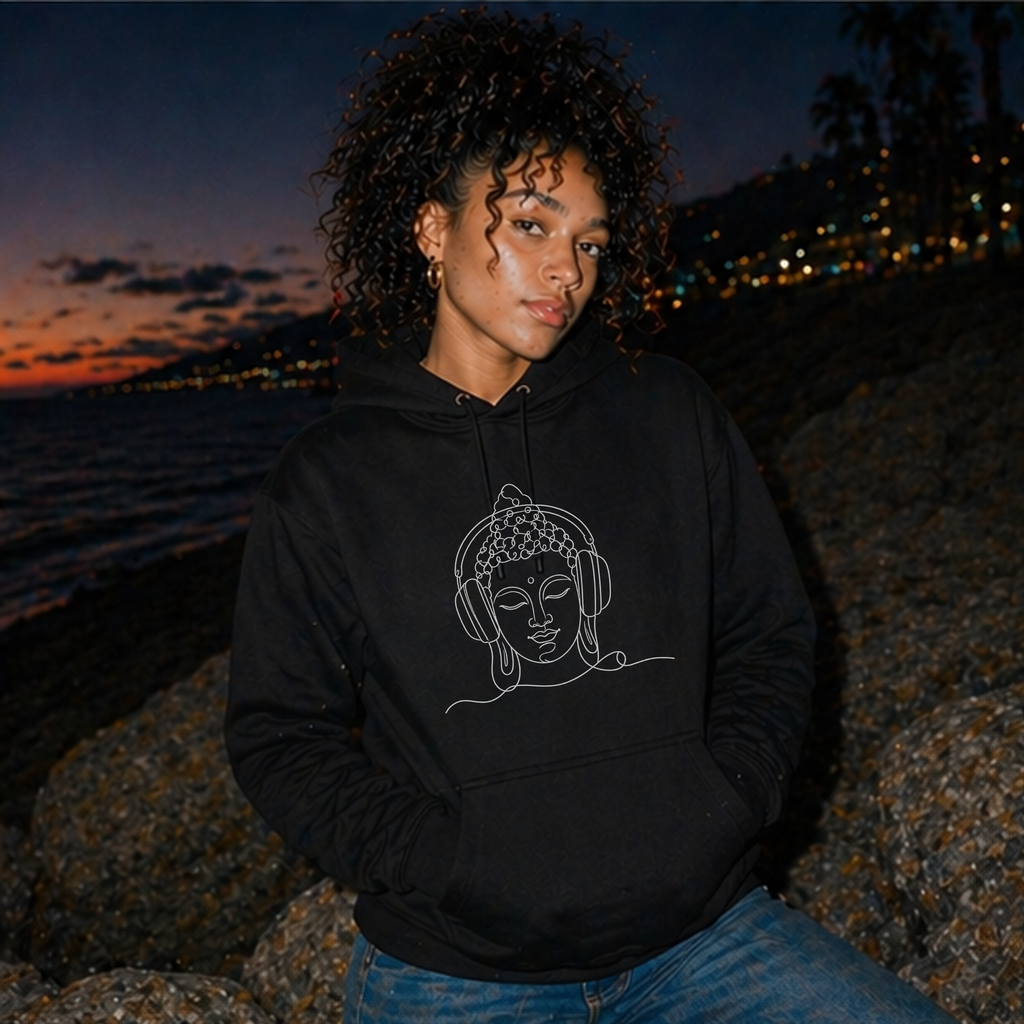 Buddha with Headphones Classic Black Hoodie — Minimal Everyday Pullover