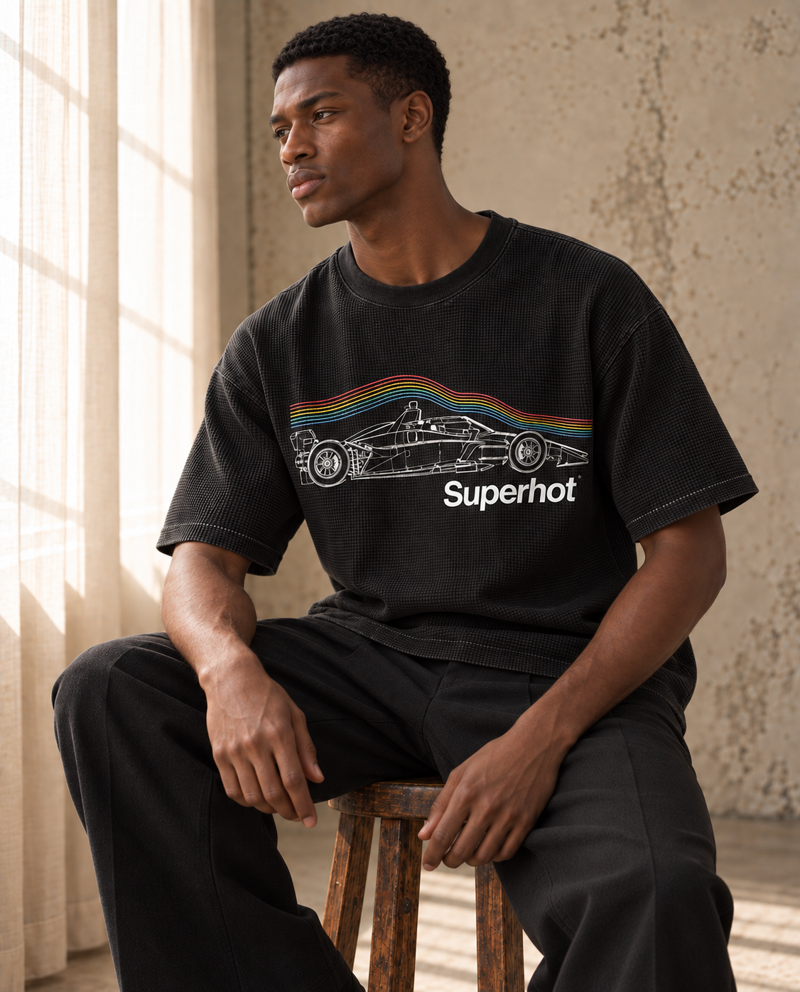 Unisex Indycar Retro Flow Mineral Wash Waffle Knit T-Shirt