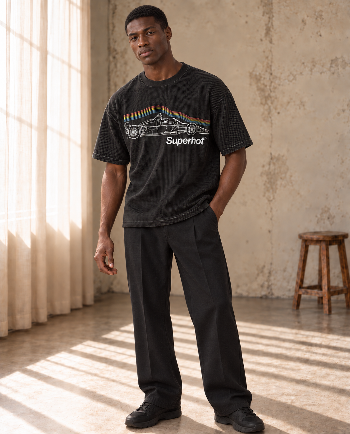 Unisex Indycar Retro Flow Mineral Wash Waffle Knit T-Shirt